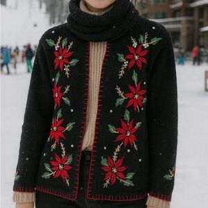 Victoria Jones Woman Black Cardigan with Red poinsettias Embroidery L  vintage